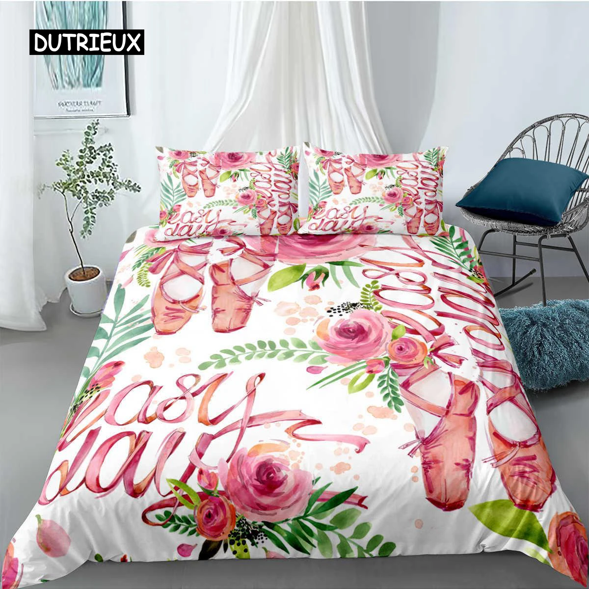 Ballet Duvet Cover Set King Microfiber Accessory Shoes Dress Bedding for Girls Rose Leaves Summer Style Quilt
