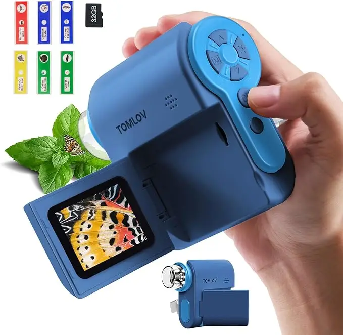 

Мини-карманный цифровой микроскоп TOMLOV, увеличительное стекло с 1000-кратным зумом и подсветкой, лупа для монет, режим освещения, Windows/Mac 32G для детей