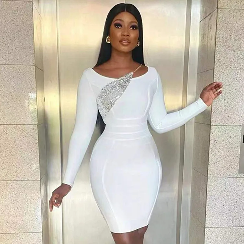 

New Women Sexy Fashion Long Sleeve White Bandage Dress 2022 High Street Elegant Designer Glitter Sequins Party Dress Vestido