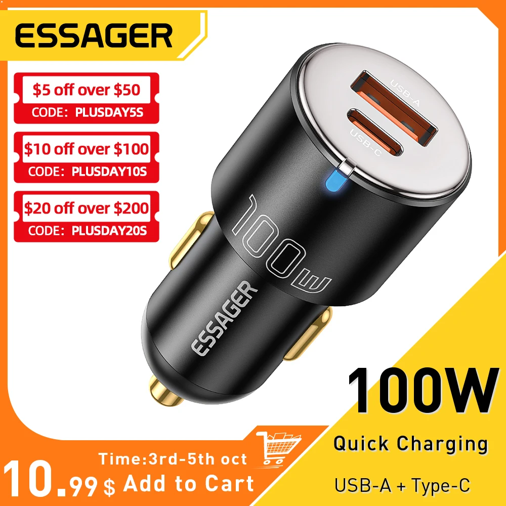 Essager 100W Car Charger Fast Charging Quick Charger QC PD 3.0 For iPhone 14 Type C USB Car Charger For Samsung Laptops Tablets