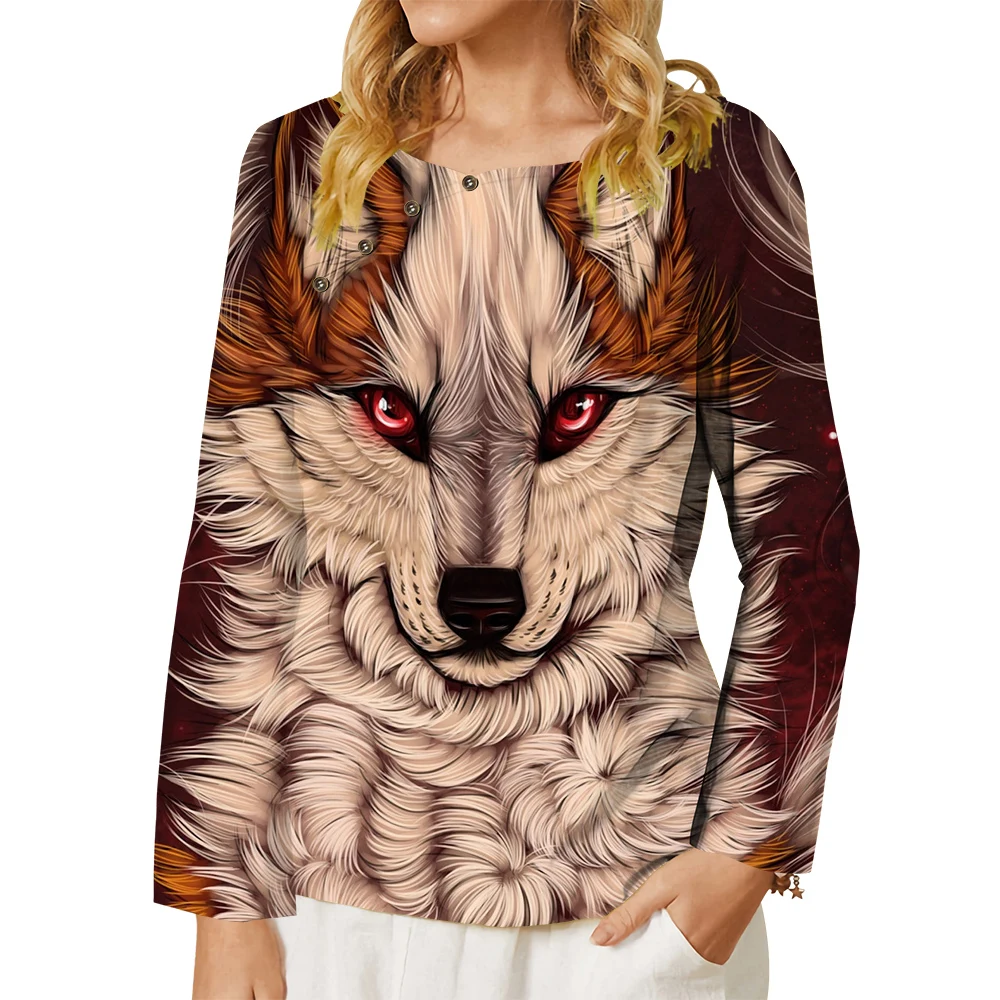 

CLOOCL Women T-shirt Cartoon Wolf Graphics 3D Printed Tee Button Decorate Crew Neck Long Sleeve Casual Tops Female Clothes