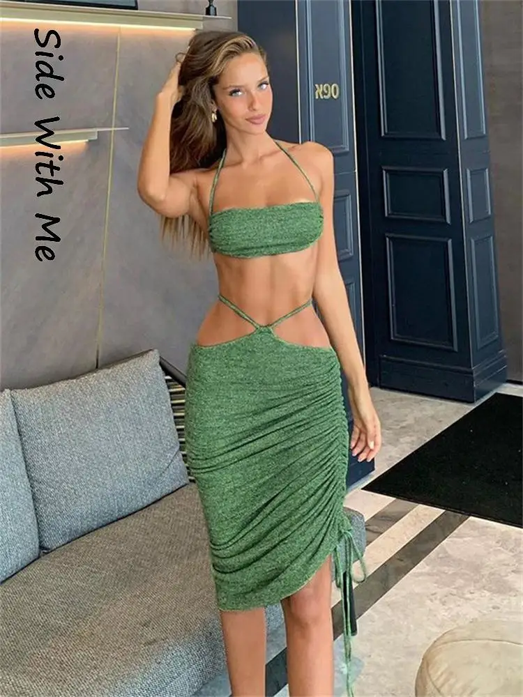 

Side with Me Backless Sexy Shirring Bodycon Sleeveless Split Folds Woman Dress Sets 2022 Summer Club Party Women's Dress Set