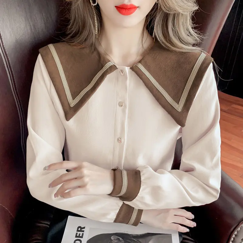 Autumn 2022 Cute Blusas Estampadas New Doll Collar Long Sleeve Retro Womens Tops 3XL Contrast Color Corduroy Shirt Women's