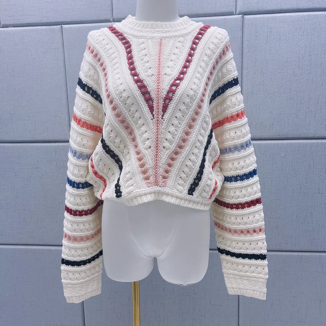 

Autumn And Winter New 2023 Women's ClothingStriped Crocheted Hollow-out Crew-Neck Batwing Sleeve Knitwear Colored Pullover 1027