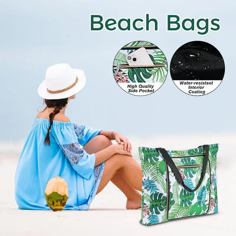 Waterproof Beach Tote Large Beach Bag Sandproof High Capacity Tote Bag Pockets Lightweight Pool Tote Bag Foldable For Pool Party
