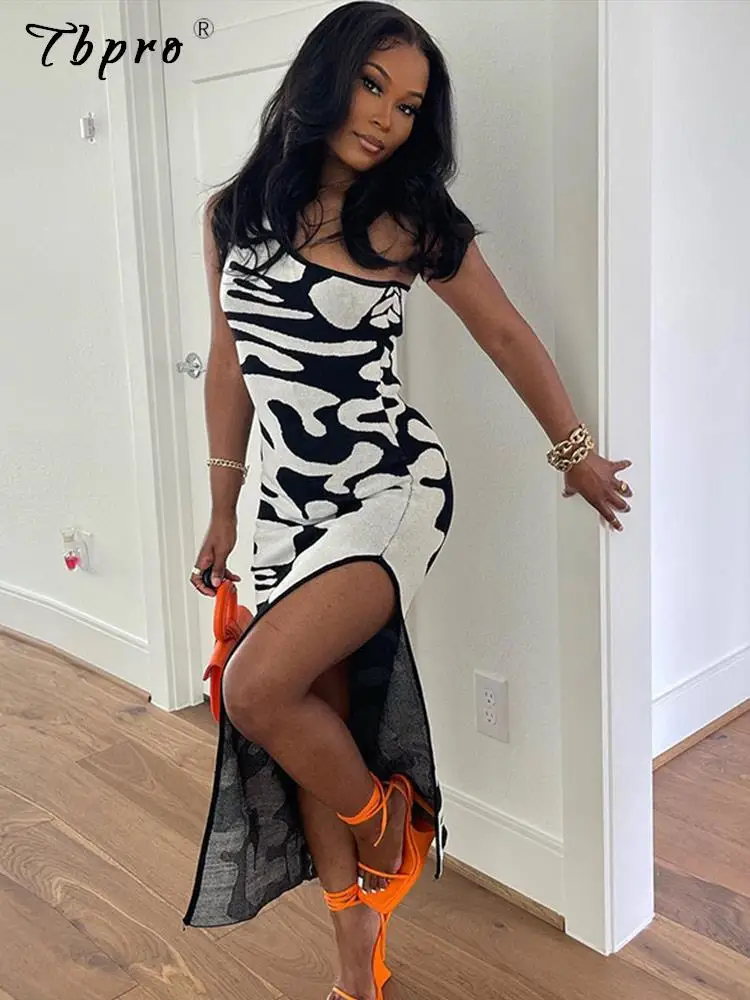 

Women Fashion Printed High Split Slim Maxi Dress Summer Female Elegant Diagonal Collar Sleeveless Dresses Lady Outwear Vestidos