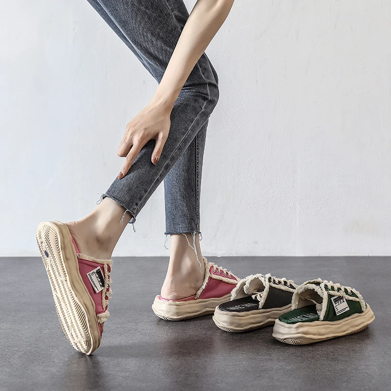 Half slippers for women to wear in summer, new 2023 thick soled one line silk slippers with lace up open toe sandals