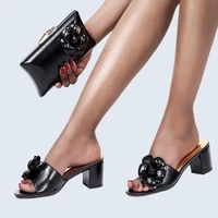 italian summer latest design solid ribbon flower design ladies simple high heel slippers and bags africa nigeria women shoes