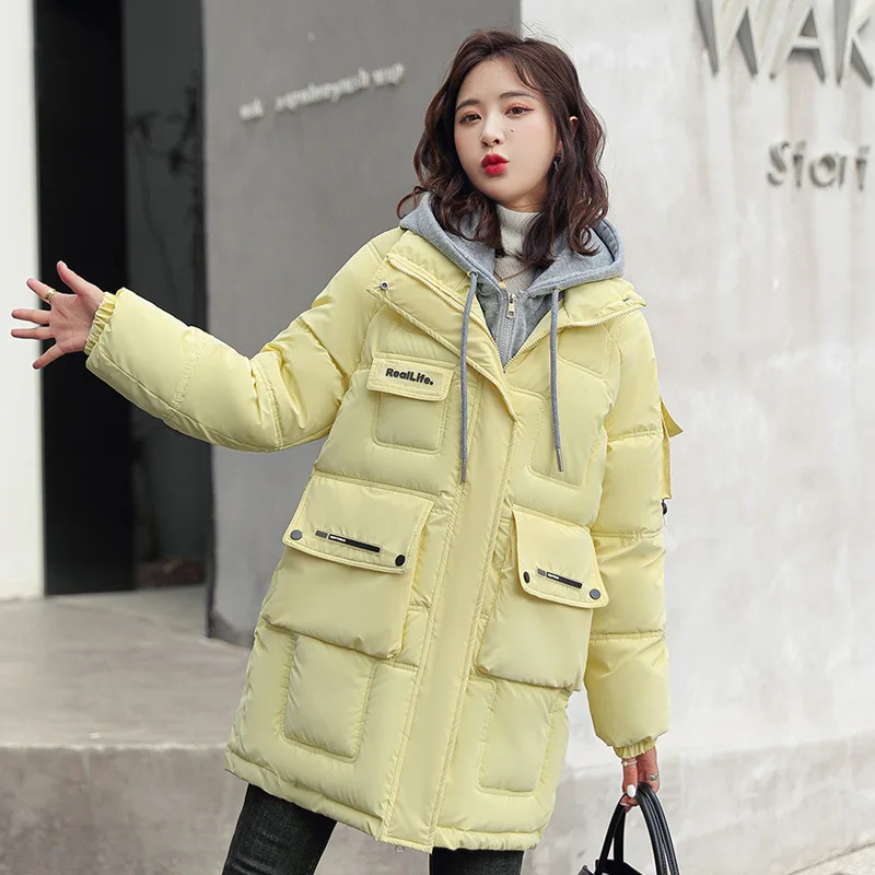 Winter Warmth Women Mid-length Cotton Coat Fake Two-piece Hooded Padded Jacket Korean Fashion Loose Big Pocket Thicken Designer