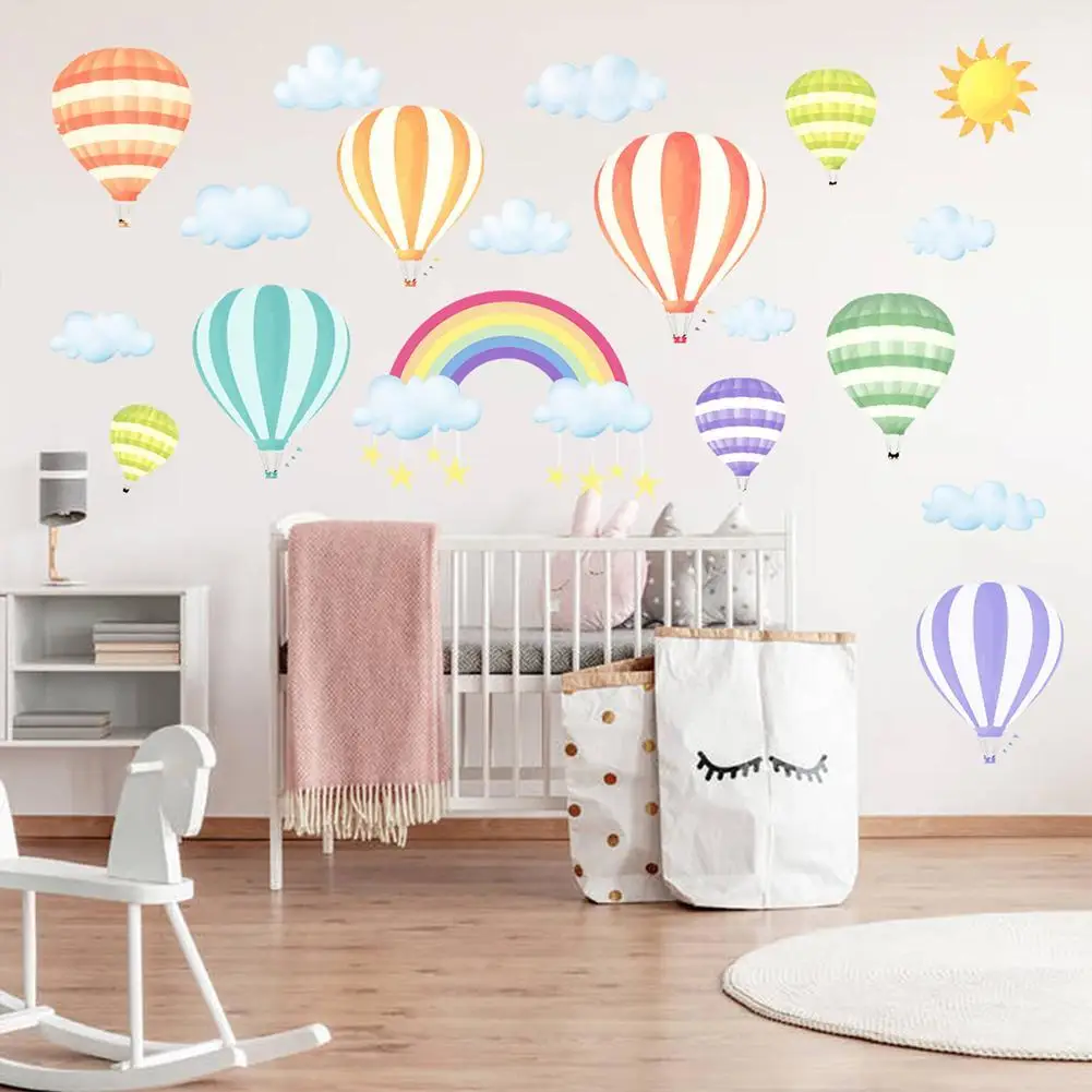 Watercolor Pink Hot Air Balloon Rainbow Clouds Wall Stickers Vinyl Living Room Bedroom Wall Decals Home Decor Sticker