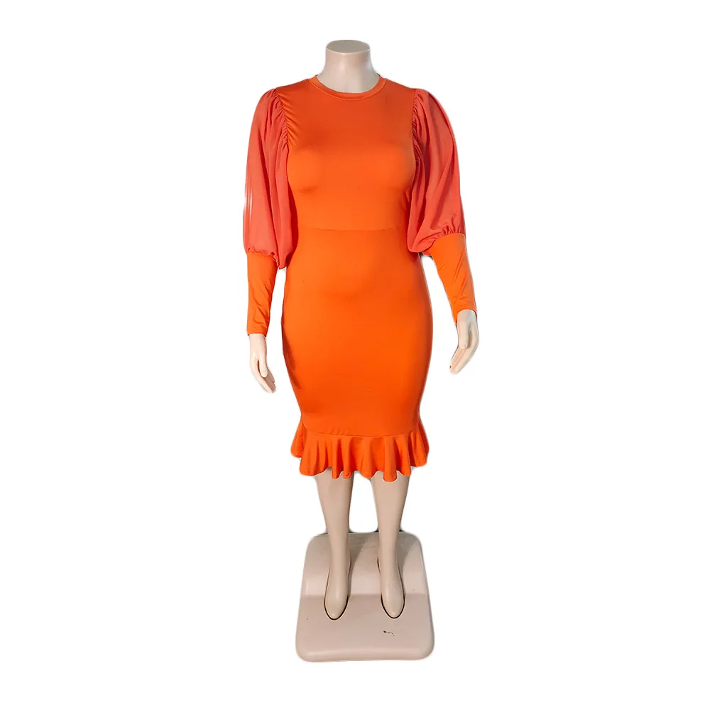 Plus Size Dresses O-Neck Long Sleeve Knee-length Solid Party Dresses Evening Dresses Lantern Sleeve Elegant Dresses for Women