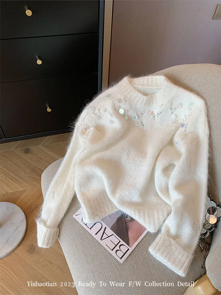 

Mori Girl Fashion Simple White Cashmere Top Sequins Sparkly Long Sleeve Pullovers Luxury Autumn Knitted Sweater Y2K Streetwear