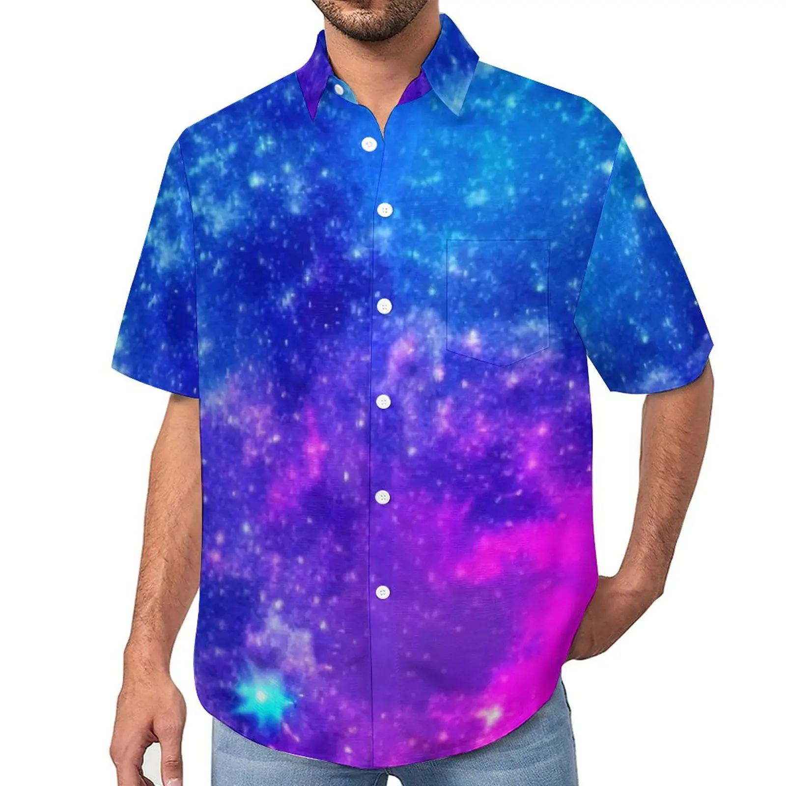 

Abstract Galaxy Casual Shirt Blue and Pink Vacation Loose Shirt Hawaiian Trending Blouses Short Sleeve Graphic Oversize Clothing