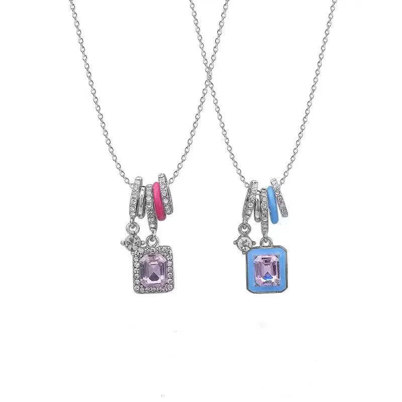 

Summer Sunset Rainbow Square Necklace for Women Pink Blue Berg Crystal Pendant Spicy Girl Collar Chain Jewelry Gift