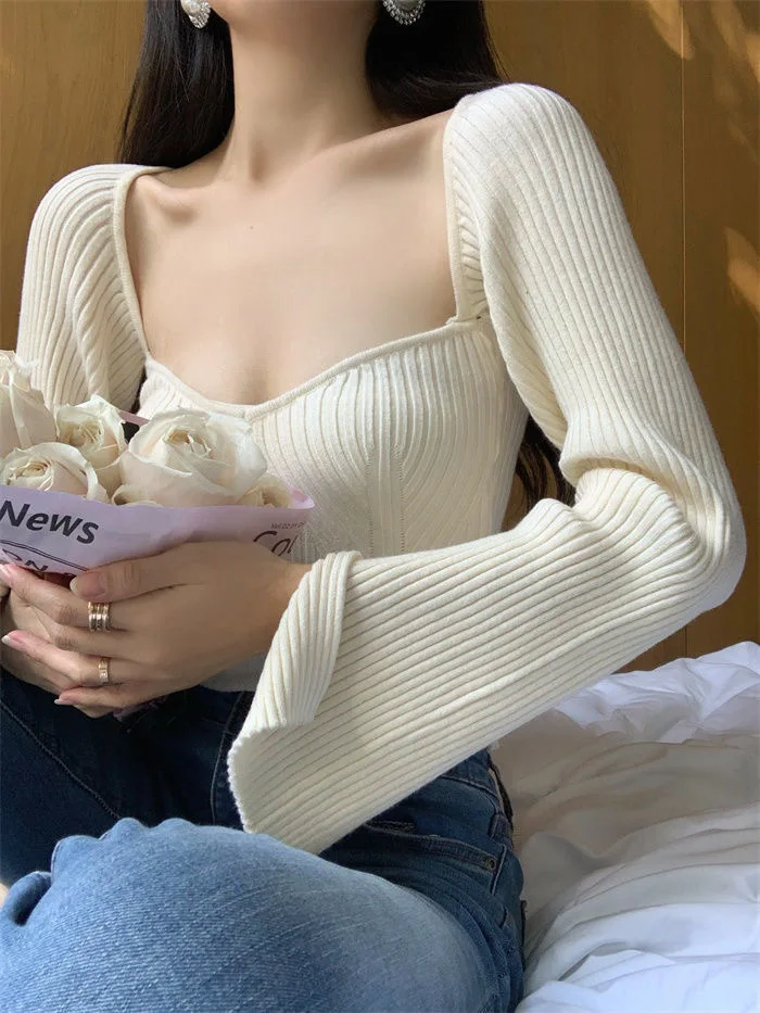 

New Sexy Spice Girl's Square Neck Long Sleeve Knitwear Women's Autumn Square Neck Slim Short Undercoat