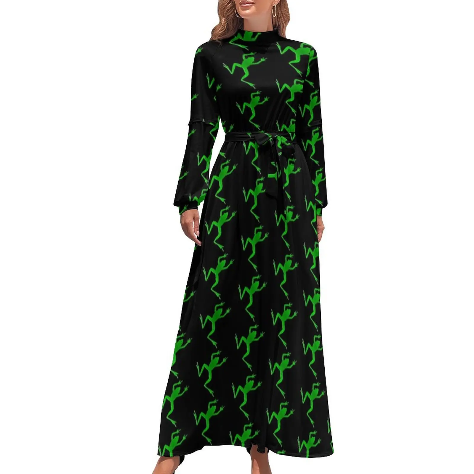 

Green Frog Print Dress Jumping Animal Aesthetic Beach Dresses Woman Long Sleeve High Neck Elegant Long Maxi Dress
