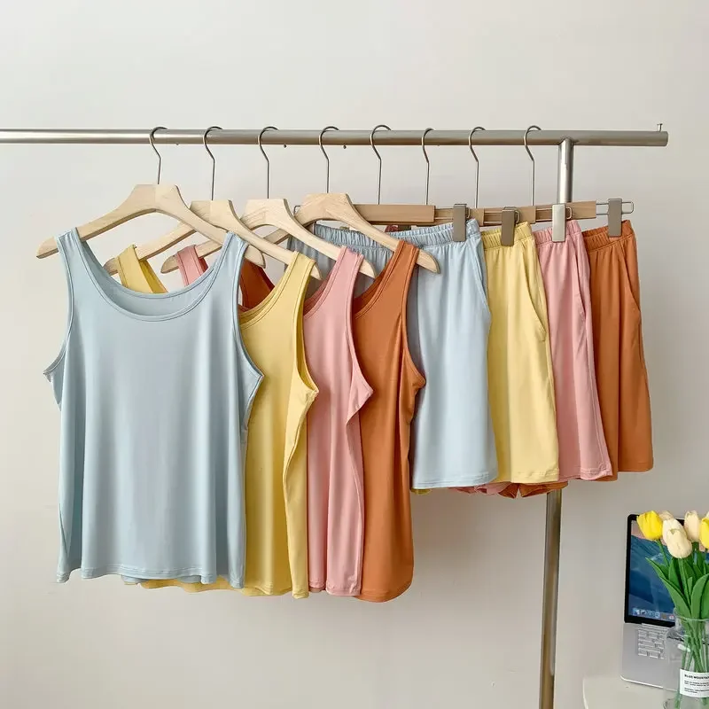 

Топ с шортами из модала Женский, комплект из двух предметов, Свободная Домашняя одежда для сна, тонкие шорты, пижамный комплект из двух предметов, на лето