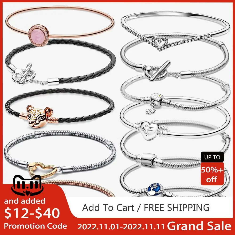 

Mybeboa Plata Original 925 Sterling Silver Love Heart Pulsera Bracelet Multi Snake Chain Sparkling Disc Mouse Clasp Bangle