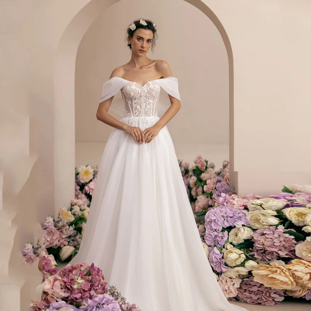 

Pastrol Wedding Dress V-Neck Princess Off The Shoulder Bride Gown Organza With Lace Applique A-Line Sweep Train Vestido De Noiva