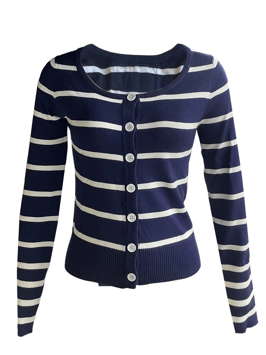 

Женский короткий кардиган в полоску, трикотажная одежда с длинным рукавом и U-образным вырезом, на пуговицах, весна-осень