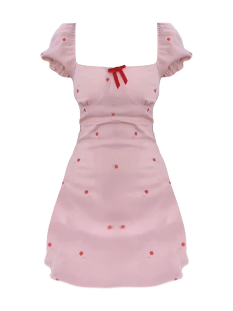 

Женское винтажное платье с цветочным принтом, розовое элегантное вечернее платье с квадратным вырезом и бантом в Корейском стиле