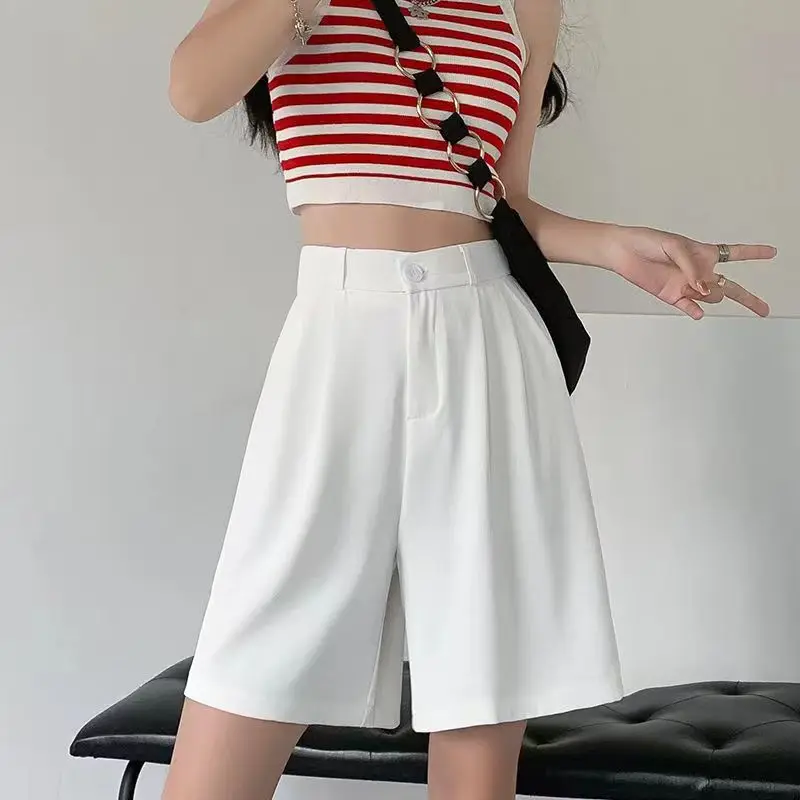 

High Shorts Summer Wiast Woman Pants Knee-length Suit Korean New Lucyever Women Female Straight Solid Baggy Color Casual Shorts