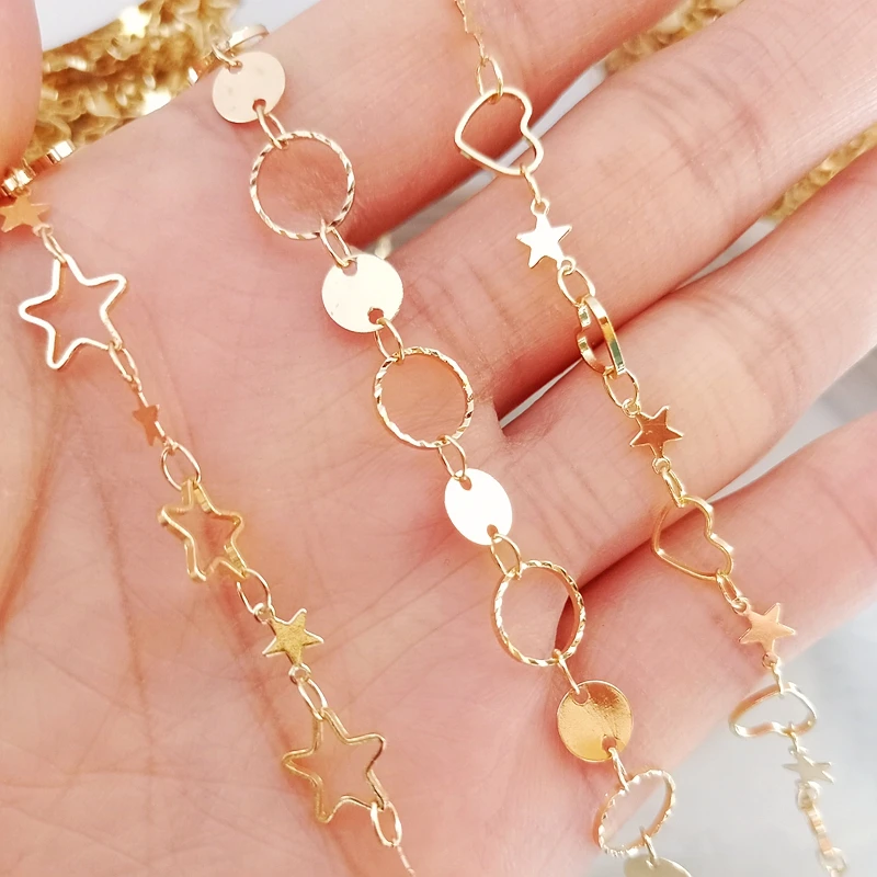 1 Meter  14K Gold Color Plated Brass Heart  Star Shape Necklace Chains High Quality Jewelry Accessories