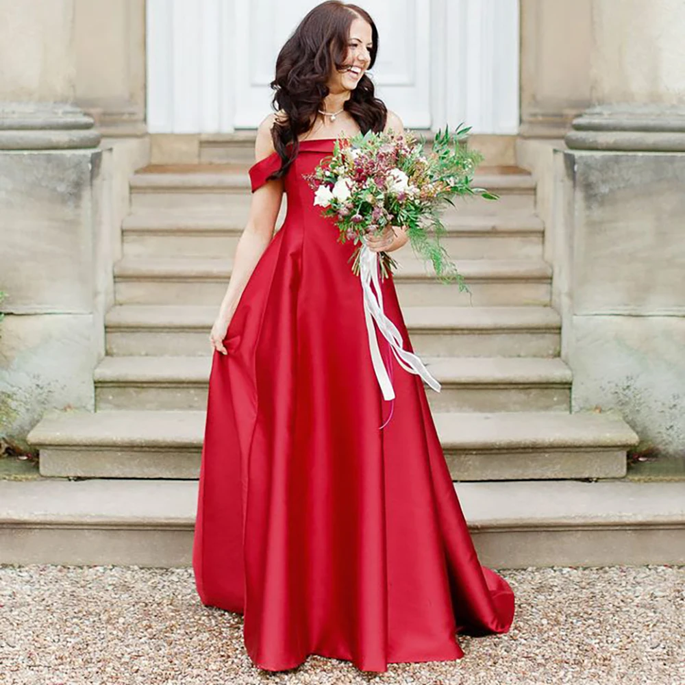 

Burgundy Red Off Shoulder Satin Evening Dress Backless Drop Ship Plus Size Cold Shoulders Elegant Buttons Wedding Guest Ballgown