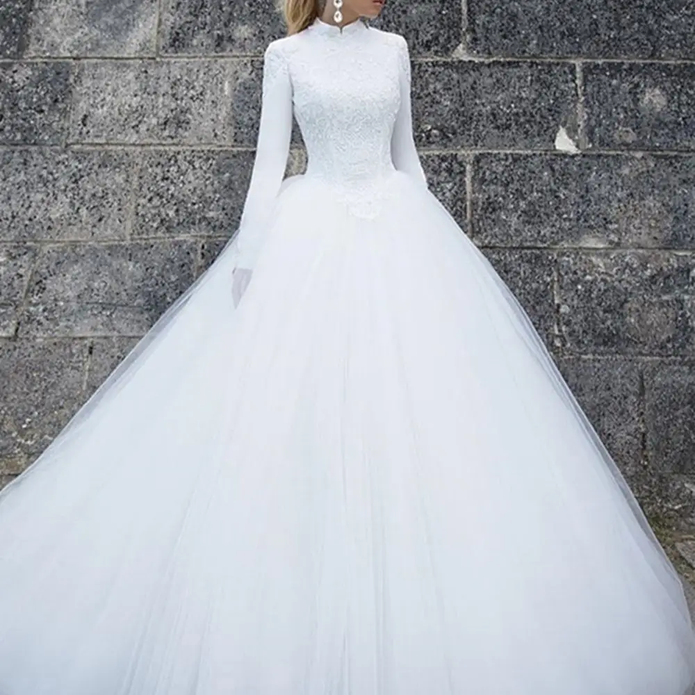 

Muslim Illusion White/Ivory Wedding Dresses 2022 New A-Line Long Sleeves Bride Dress Appliques Lace Tulle Elegant Wedding Gowns