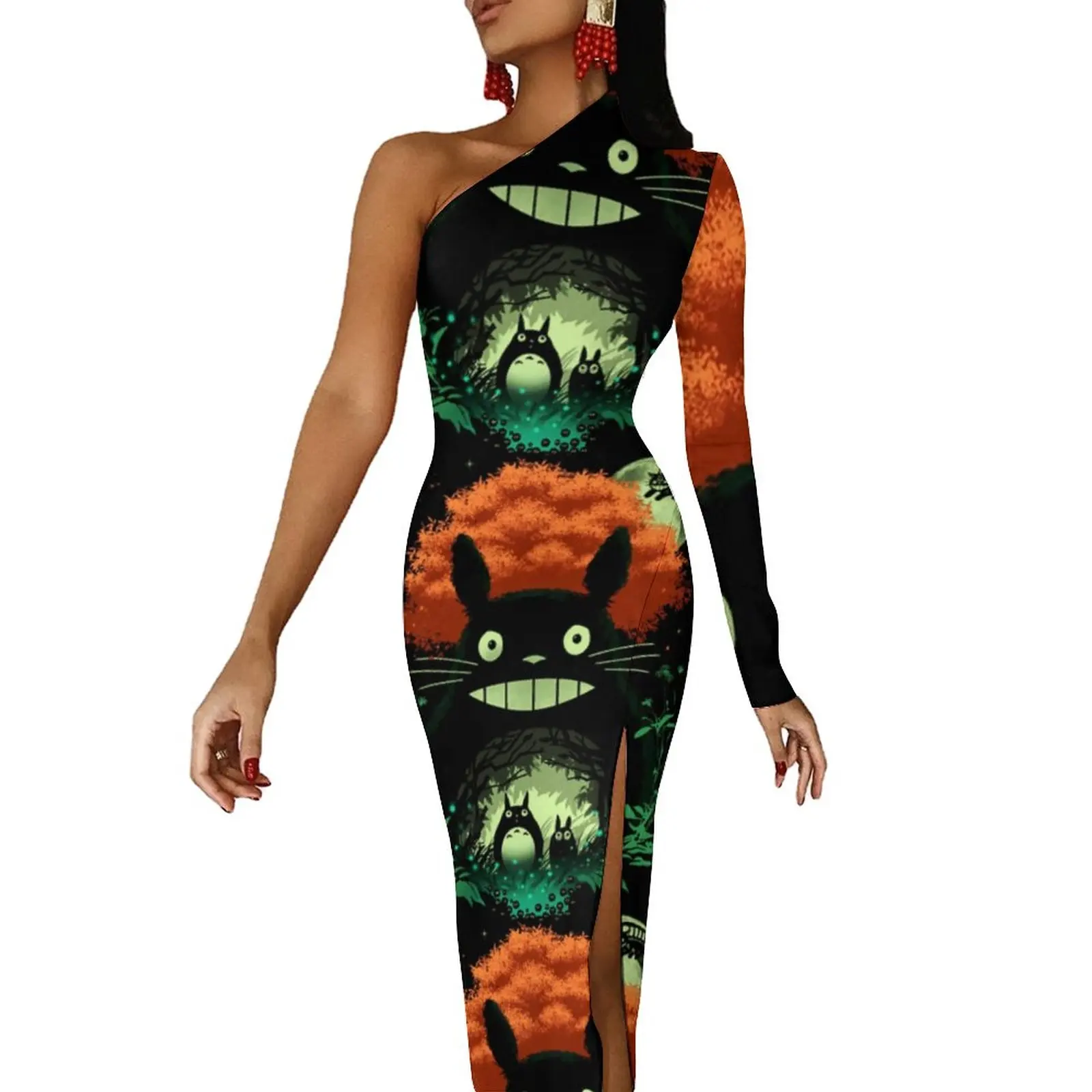 

Totoro Dark Night High Slit Bodycon Dress Ladies Japanese Manga Print Club Maxi Dress Autumn Long Sleeve Street Wear Dresses
