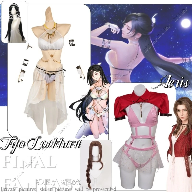 Tifa Lockhart Aerith Gainsborough Aeris FINAL Cos Game FANTASY Косплей Костюм Парик Летние купальники Fanart
