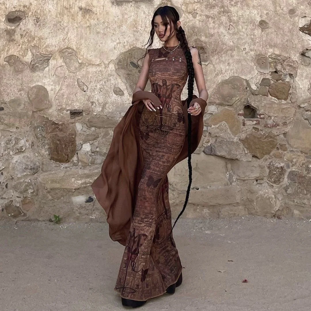 

Hippie Boho Women Dresses Vintage Angel Pattern Print Slim Sleeveless Long Cheongsam Bohemian Dress