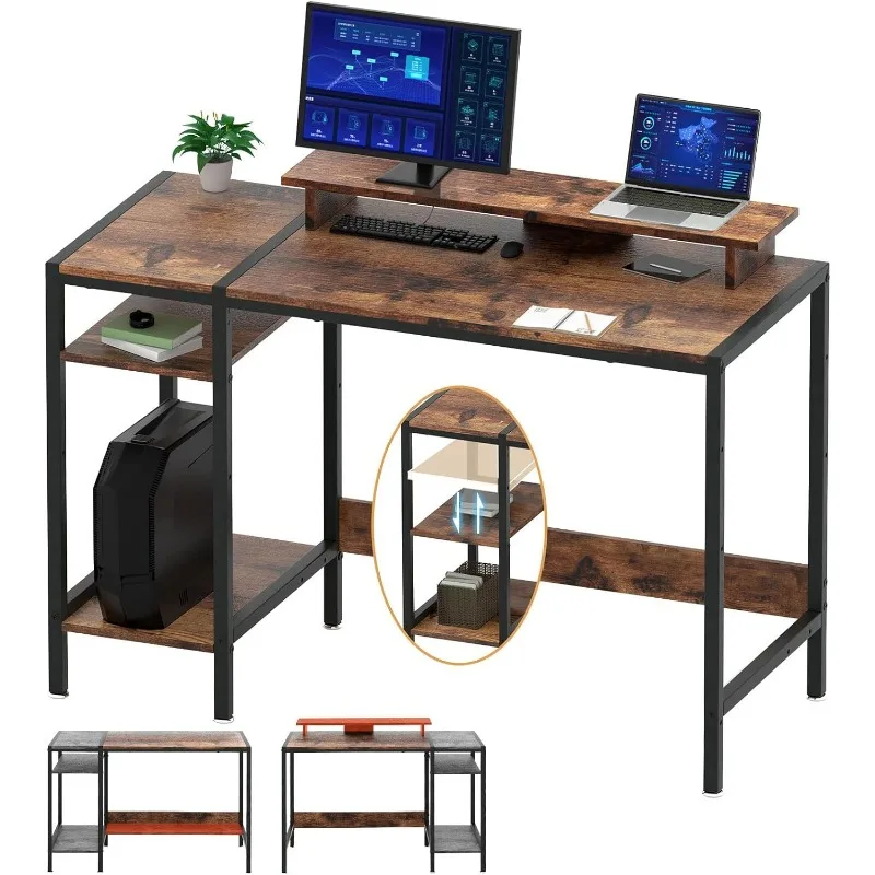

MINOSYS Gaming/Computer Desk - 47” Home Office Small Desk with Monitor Stand, Rustic Writing Desk for 2 Monitors, Adjustable