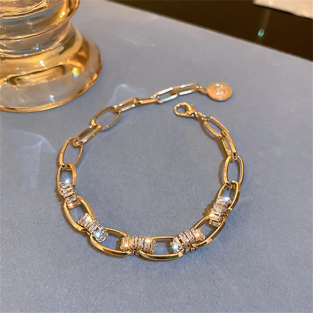 

Trendy Gold Metal Bracelets Cubic Zirconia Circle Couple Bracelet For Women Men Adjustable Tennis Bangle Party Jewelry Gift