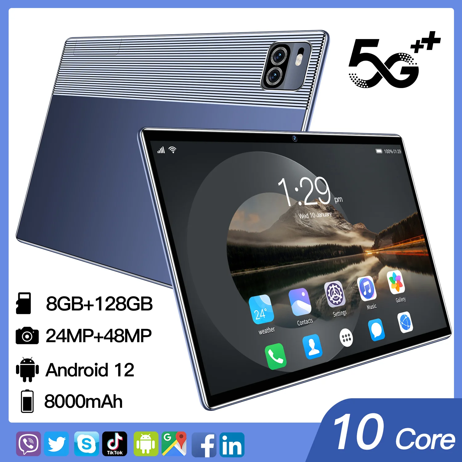 

10.1 inch 5G tablet 8GB+128BG tablet Android 12 full screen office phone 2-in-1 mobile phone 8-core dual card GPS+wifi+8000mAh