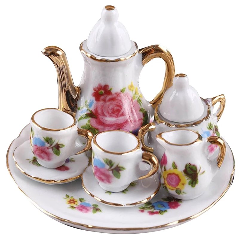 

Набор миниатюрных фарфоровых чайных чашек 1:12, керамическая посуда, чайник, кухонные аксессуары для кукольного домика, декор для кукольного домика