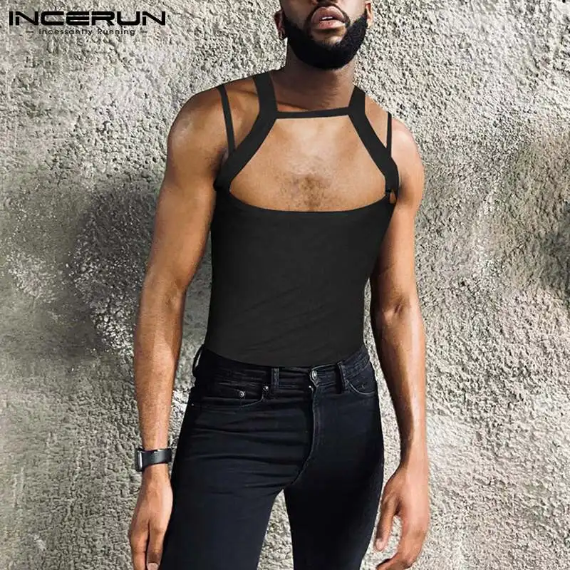 

Топы INCERUN 2022, Модный повседневный мужской жилет на шнуровке, с вырезами, однотонный, универсальный, простой, удобный жилет, майка, искусствен...