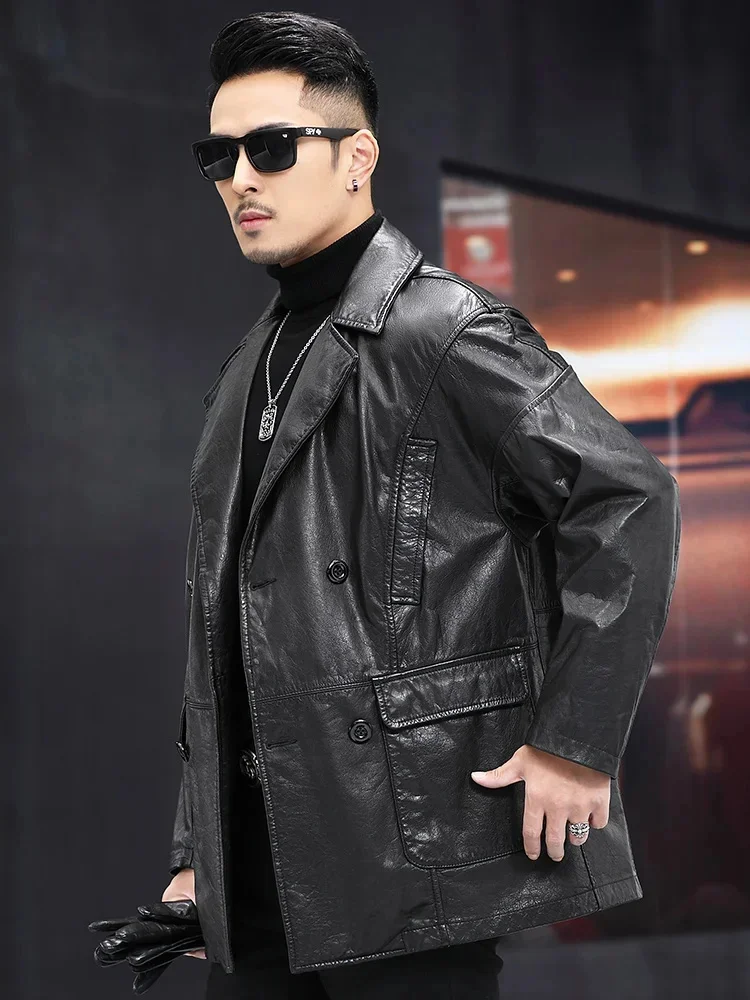 Тренчкот мужской из воловьей кожи деловой верхний слой роскошный длинный