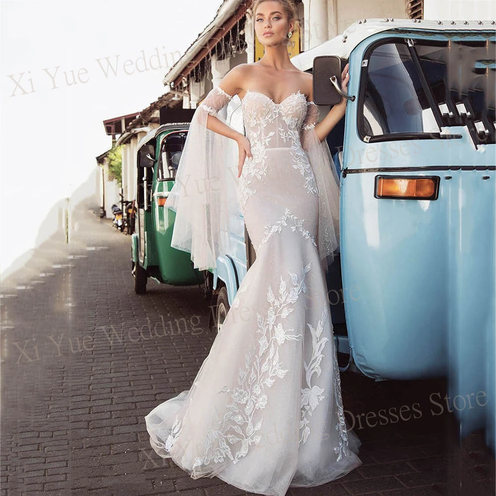 Элегантные свадебные платья русалки 2025 года кружевные аппликации без бретелек