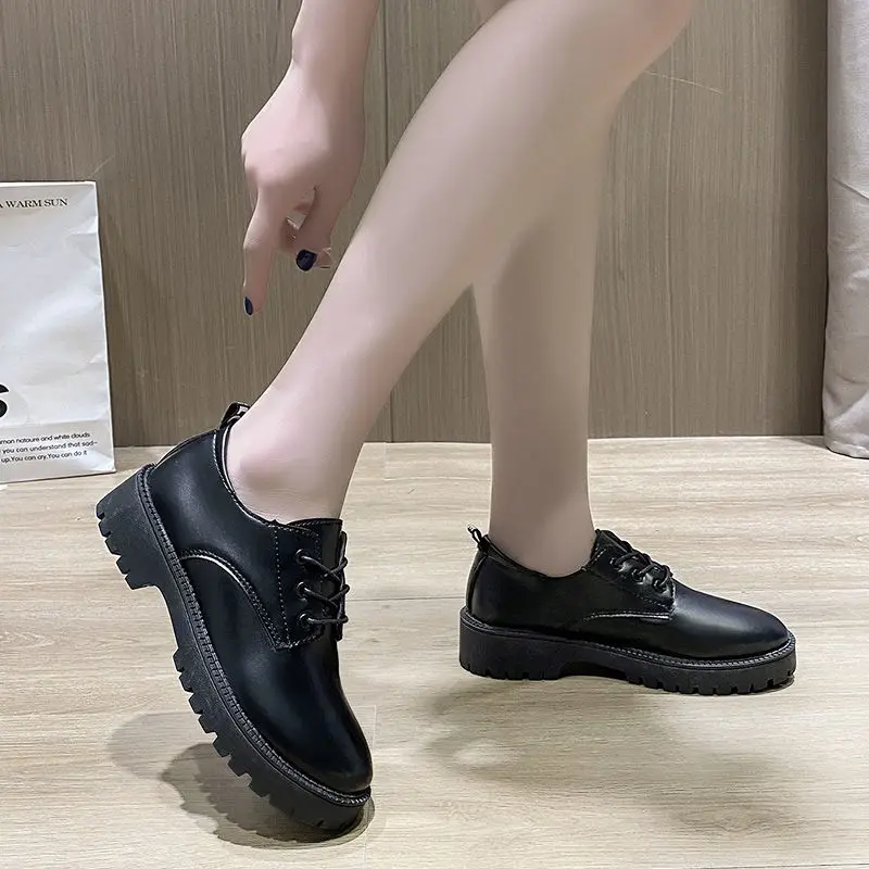 2023 New Small Leather Shoes Vintage British Style Black Working Women's Shoes Spring and Autumn Single Shoes