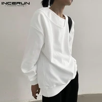 incerun tops 2022 korean style mens hoodies fake two piece solid all match simple male loose comfortable pullover sweater s 5xl