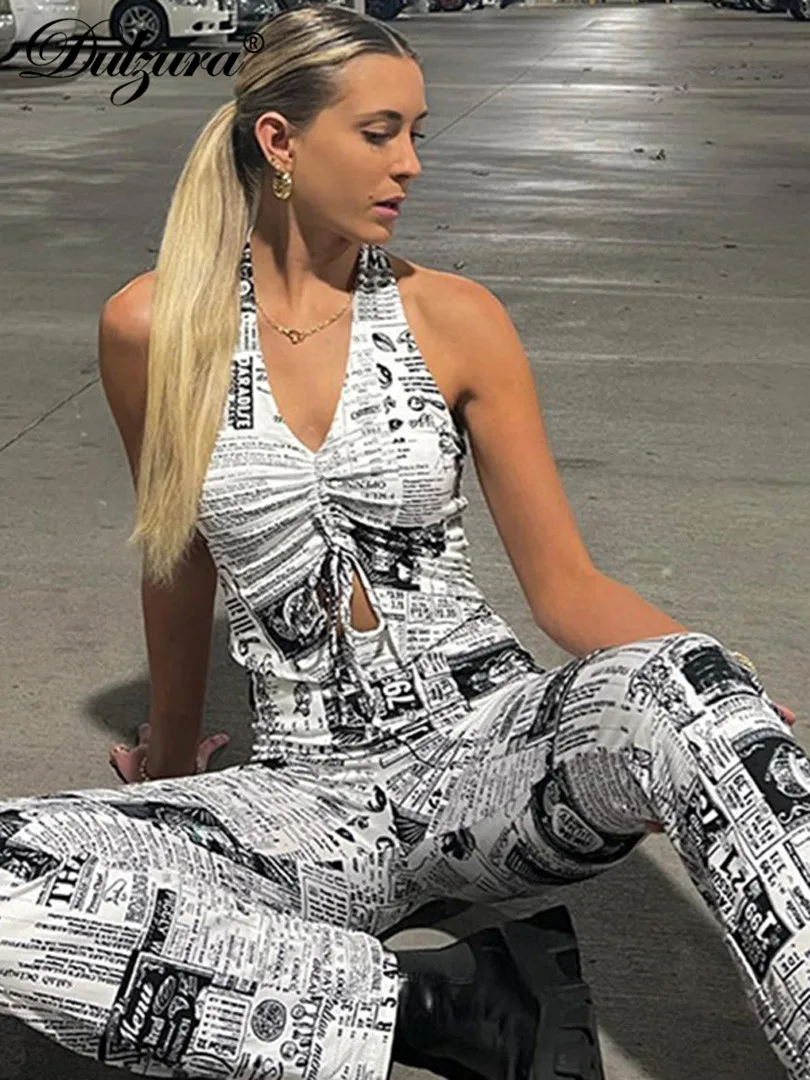 

Dulzura Newspaper Print Women 2 Piece Sets Drawstring Ruched V Neck Halter Crop Top Pants Suits Co Ords Matching Club Outfits
