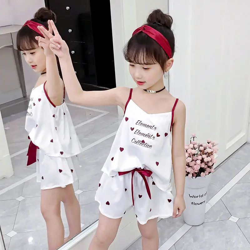 

Летние комплекты из 2 предметов для девочек, пижама в стиле принцессы, Детская Милая Домашняя одежда с ремешками, тонкие костюмы, жилет без р...