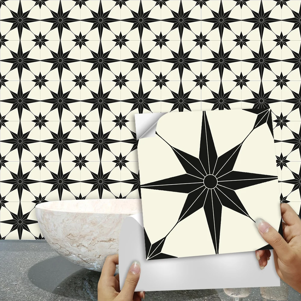 

Black and Cream Color Compass Rose Tiles Floor Sticker Kitchen Bathroom Ground Decor Wear-resistant Waterproof Art Wall Decal