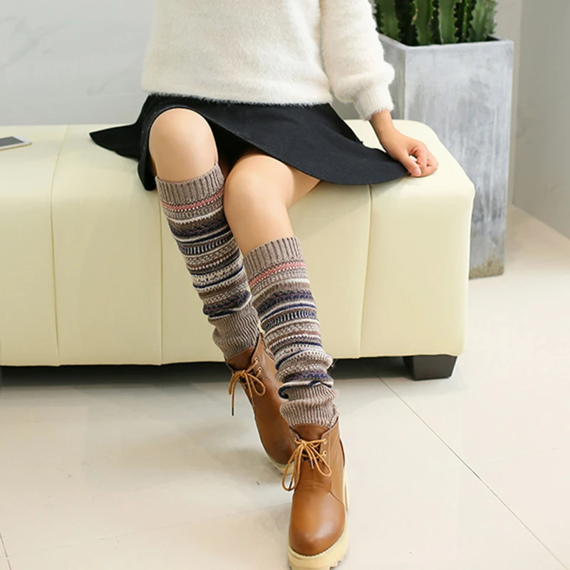 

Retro Newly Design Female Winter Warm Leg Warmers Wool Knitting High Knee Socks Boot Cuffs Fashion Female Gift Gaiters