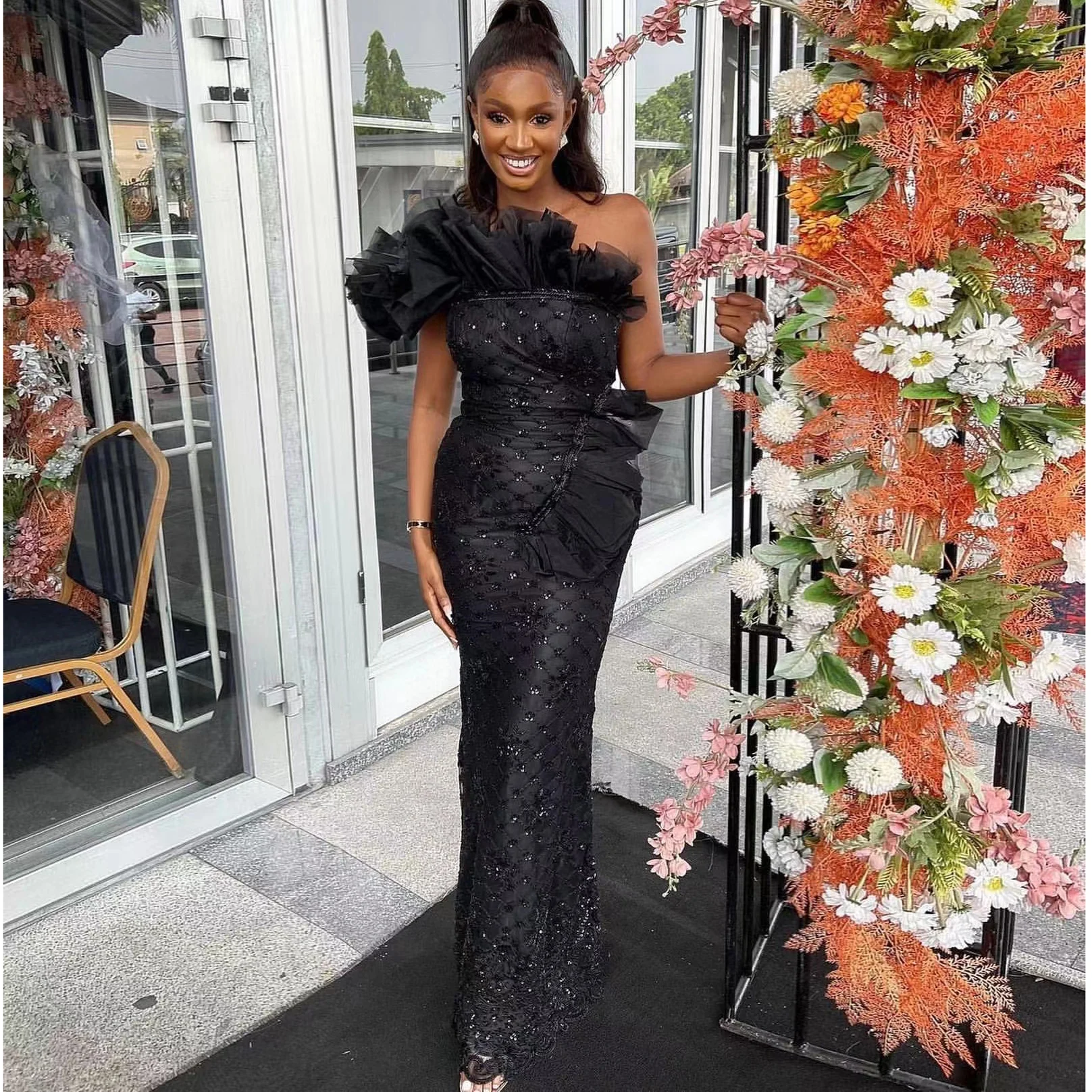

Black Prom Dress For Africa Ladis Satin Beading Strapless Floor Length Evening Party Elegant Mermaid Gowns Robes De Soirée