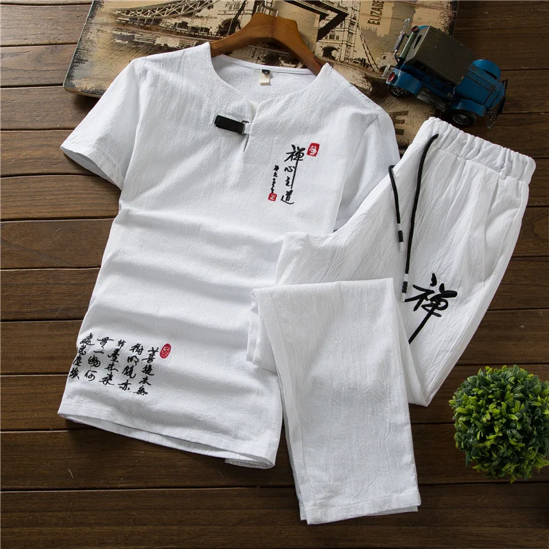 Retro Chinese Style Tang Suit Men Zen Tea Shirts Pants Kung Fu Uniform Tee Tops Medieval Viking Fashion Casual T-shirt Trousers