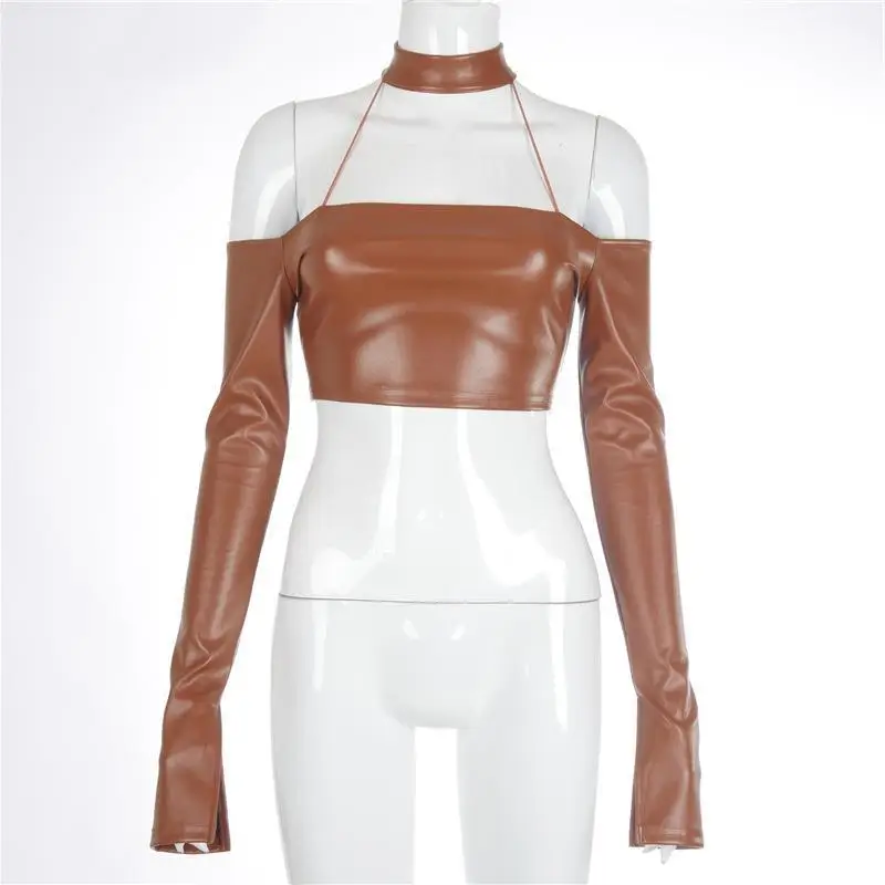 2022 Chaquetas Chaqueta Mujer Pu Leather Spring New Scarf Long-Sleeved Tail Split One-Shoulder Leather Top Women's Clothing