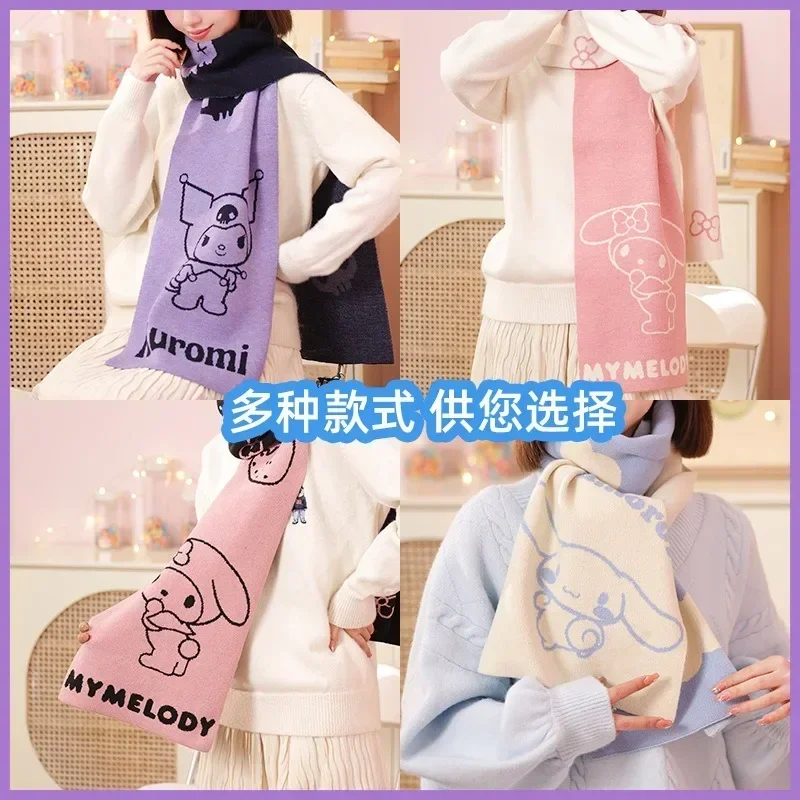 

Kawaii HelloKitty Cartoon Scarf for Women Sanrio Anime Kuromi My Melody Thickened Warm Knitted Wool Cartoon Scarf Christmas Gift