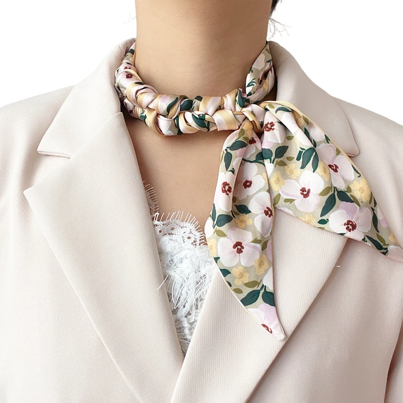

CHENKIO Fashion Hairband Women's Ins Small Silk Scarf French Slim Scarf Floral Print Hair Ribbon Scarf Women Luxury Hair Scarf